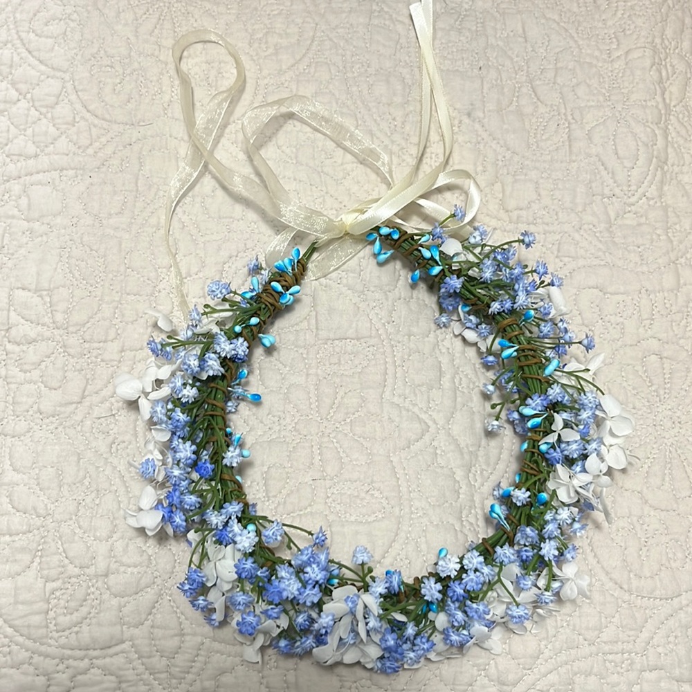 Toddler faux flower crown. Baby blue and white
